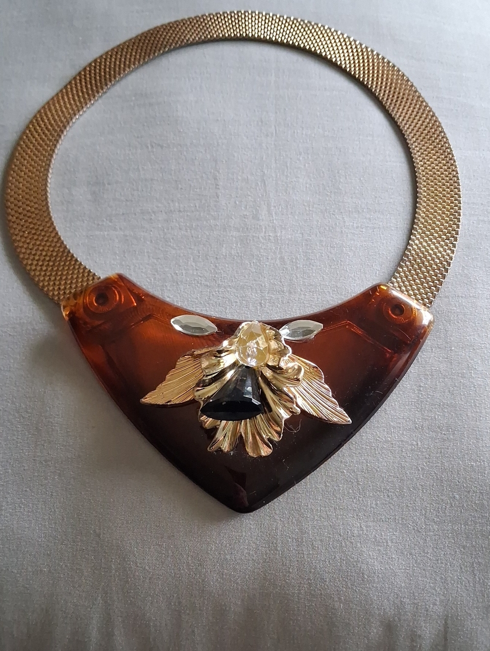 Art Deco Mesh Lucite Statement Necklace with Black Accent RARE
